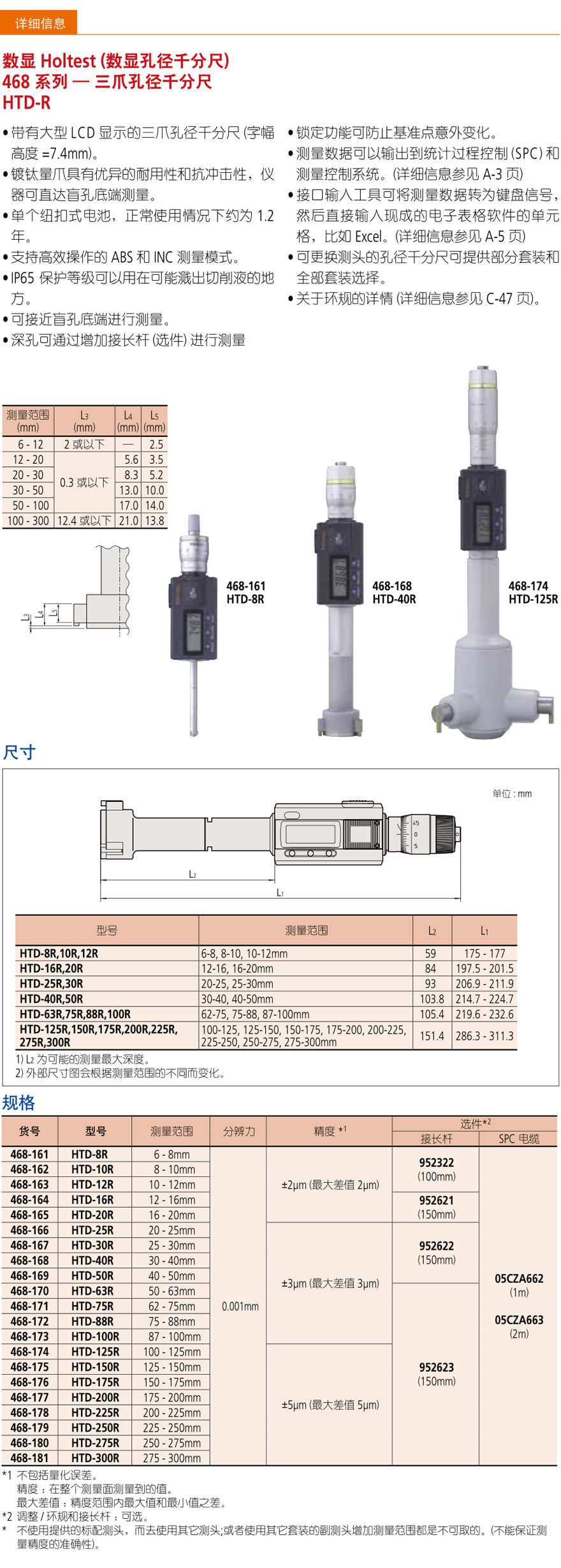 三丰数显孔径千分尺768-161/HTD-8R,10R,12R/HTD-16R,20R/HTD-25R,30R/HTD-40R,50R/HTD-63R,75R,88R,100R/HTD-125R,150R,175R,200R,225R,275R,300R