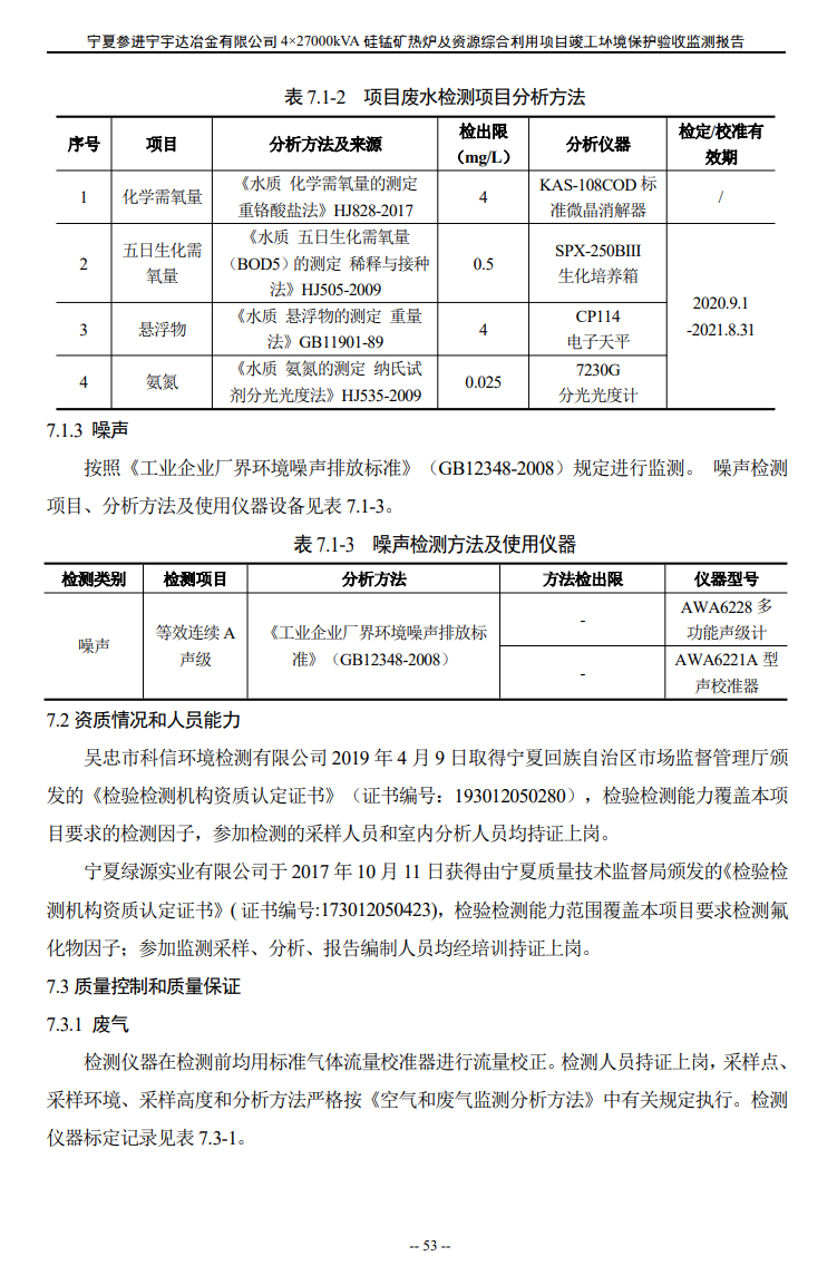 寧夏參進(jìn)寧宇達(dá)冶金有限公司  4×27000kVA硅錳礦熱爐及資源綜合利用項(xiàng)目竣工環(huán)境保護(hù)驗(yàn)收檢測(cè)報(bào)告