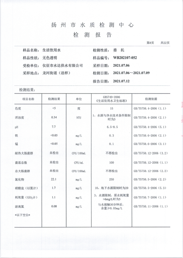 水达公司2021年7月份水质公告【管网水】