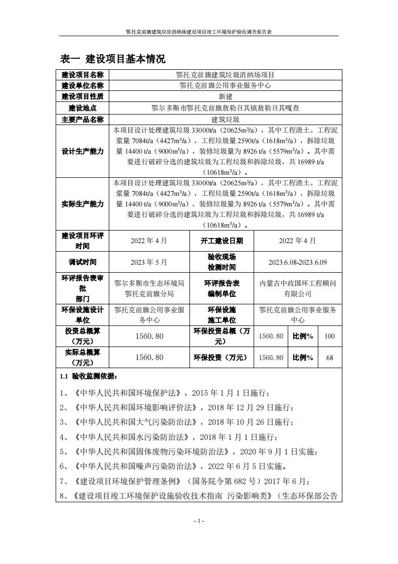 鄂托克前旗建筑垃圾消纳场建设项目竣工 环境保护验收调查报告表