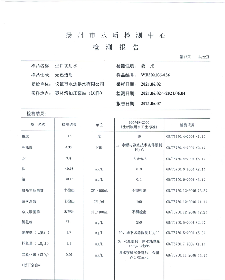 水达公司2021年6月份水质公告【管网水】