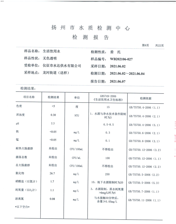 水达公司2021年6月份水质公告【管网水】