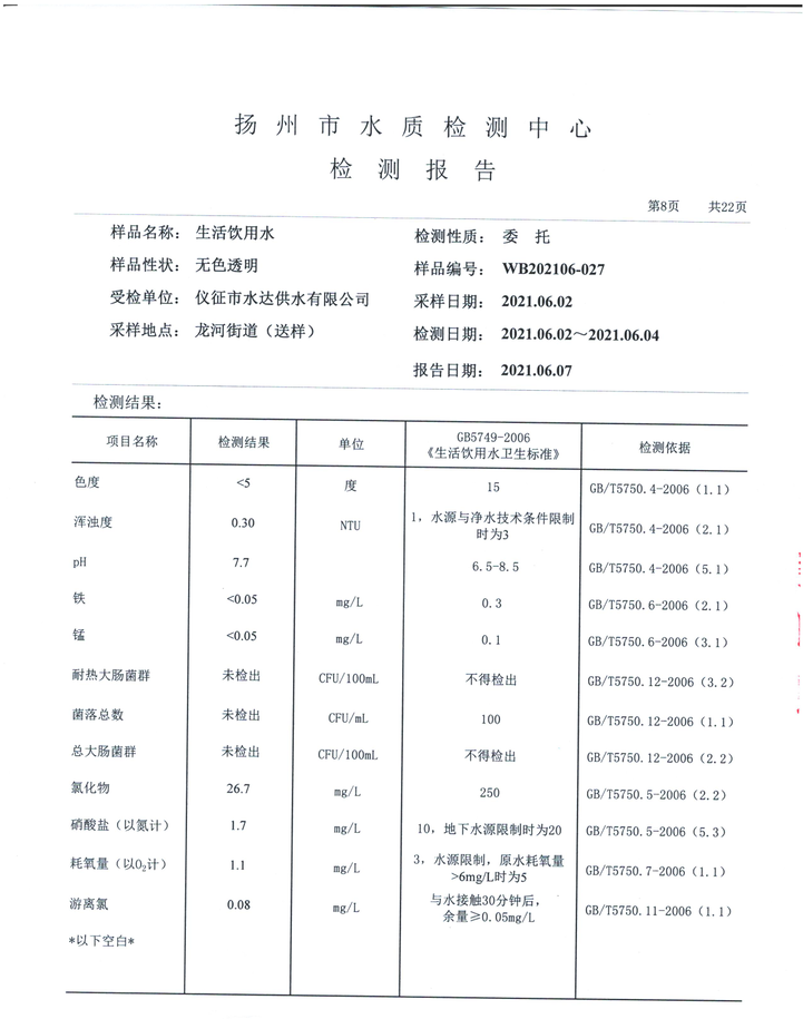 水達公司2021年6月份水質公告【管網水】