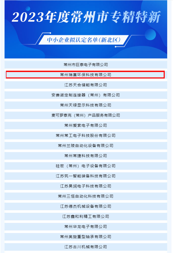 熱烈祝賀  ▏瑞賽環保榮獲常州市2023年度專精特新中小企業擬認定