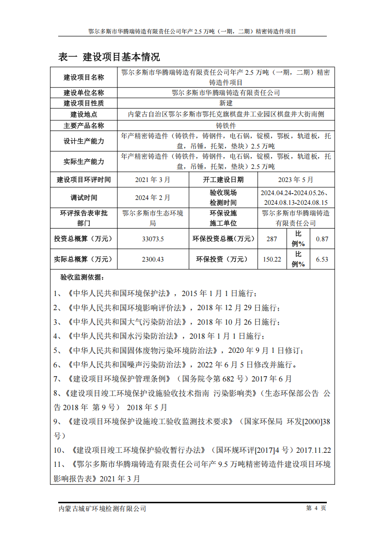 鄂尔多斯市华腾瑞铸造有限责任公司年产2.5万吨 (一期，二期)精密铸造件项目竣工环境保护 自主验收监测报告表