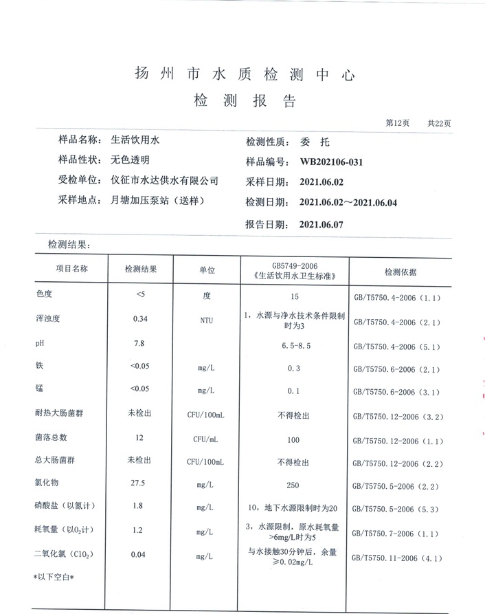 水達公司2021年6月份水質(zhì)公告【管網(wǎng)水】