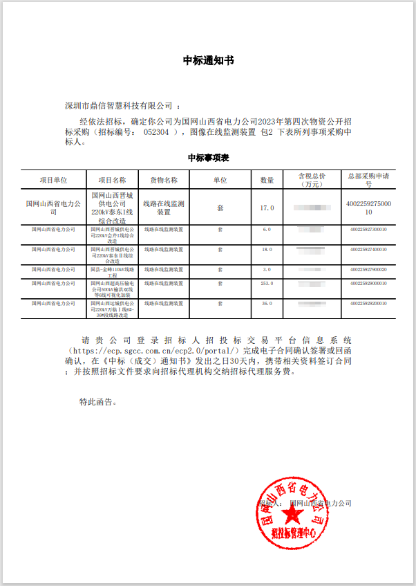 2023年12月07日 成功中标国网山西省电力公司采购主设备线路在线监测装置