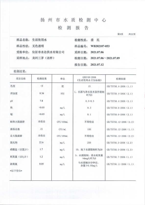 水达公司2021年7月份水质公告【管网水】
