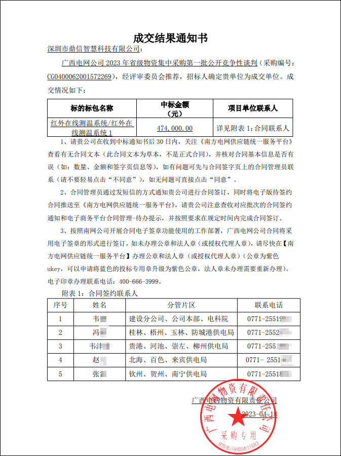 2023年4月18日成功中標(biāo)廣西電網(wǎng)物資有限責(zé)任公司，紅外在線測溫系統(tǒng)