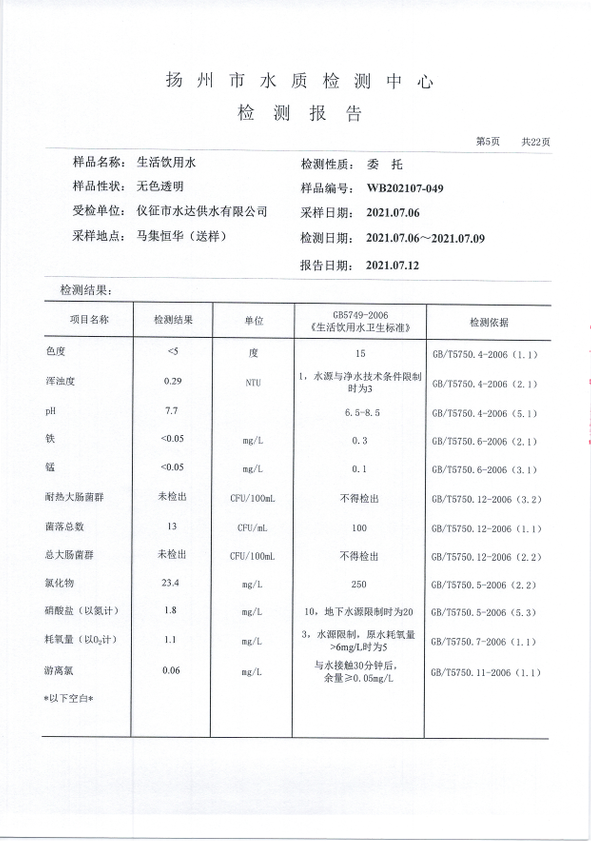 水达公司2021年7月份水质公告【管网水】