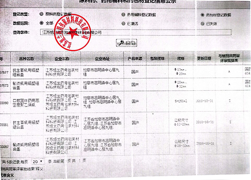 藥用輔料登記信息