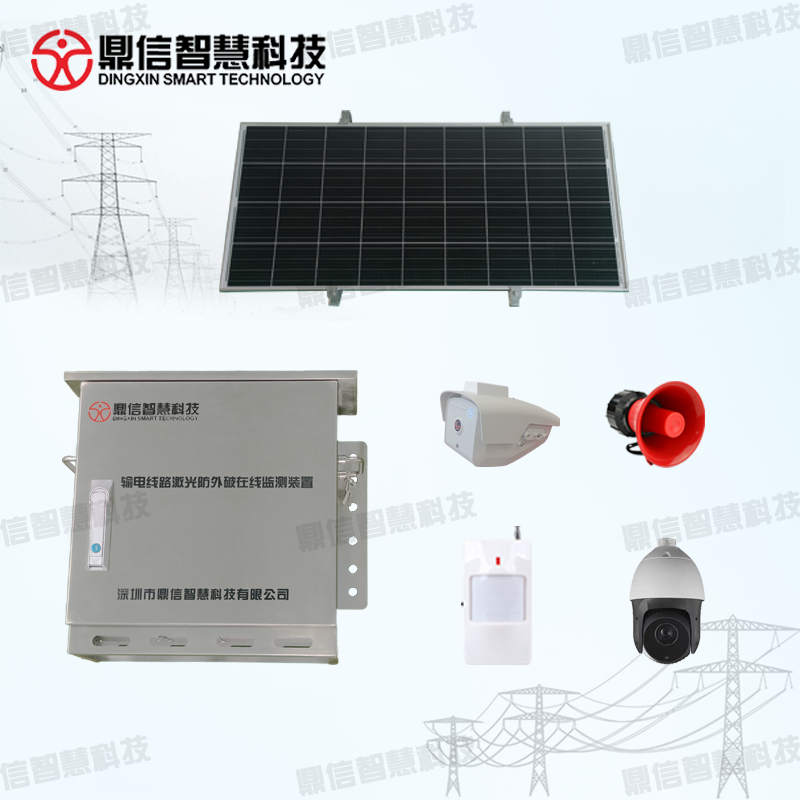 On line monitoring device for laser protection against external damage of transmission lines