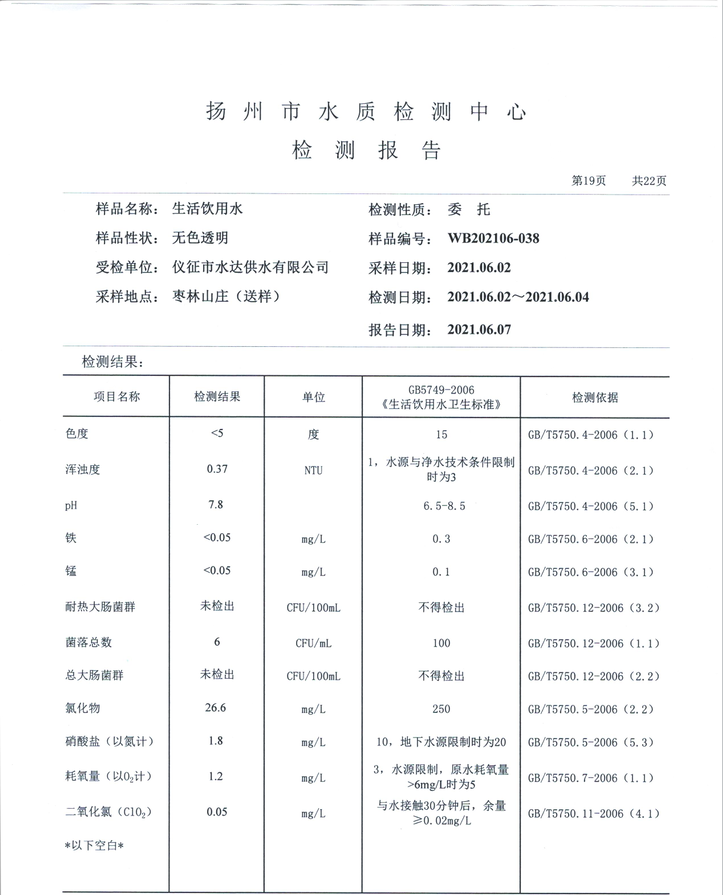 水达公司2021年6月份水质公告【管网水】