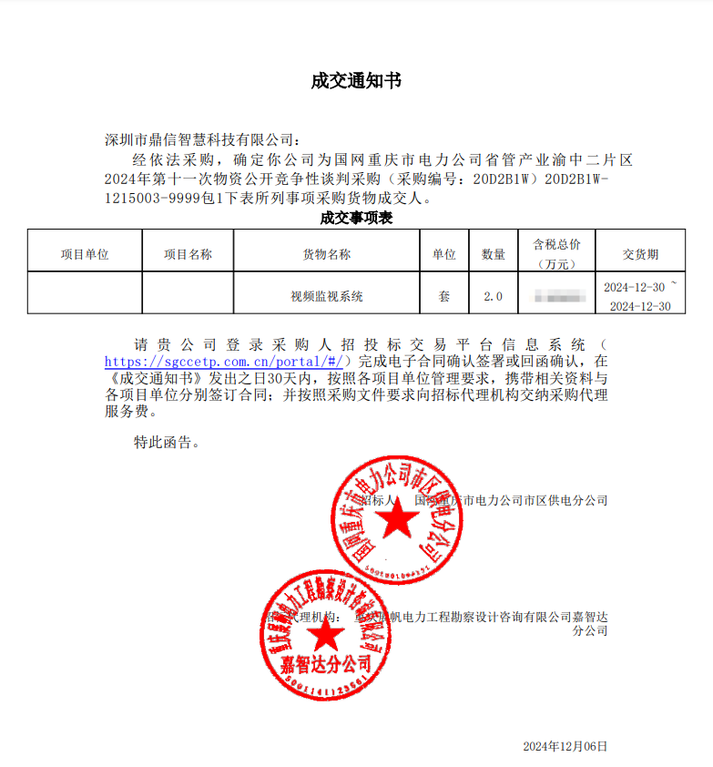 2024年12月06日 成功中標(biāo)為國網(wǎng)重慶市電力公司采購主設(shè)備視頻監(jiān)視系統(tǒng)