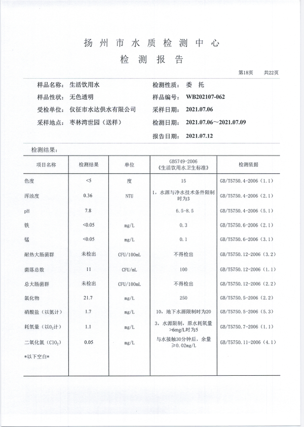 水达公司2021年7月份水质公告【管网水】