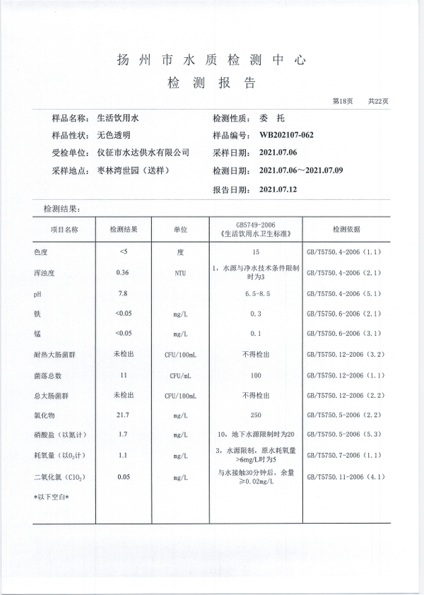 水達(dá)公司2021年7月份水質(zhì)公告【管網(wǎng)水】