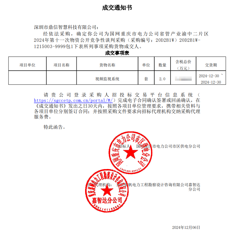 2024年12月06日 成功中標國網重慶市電力公司采購主設備視頻監視系統