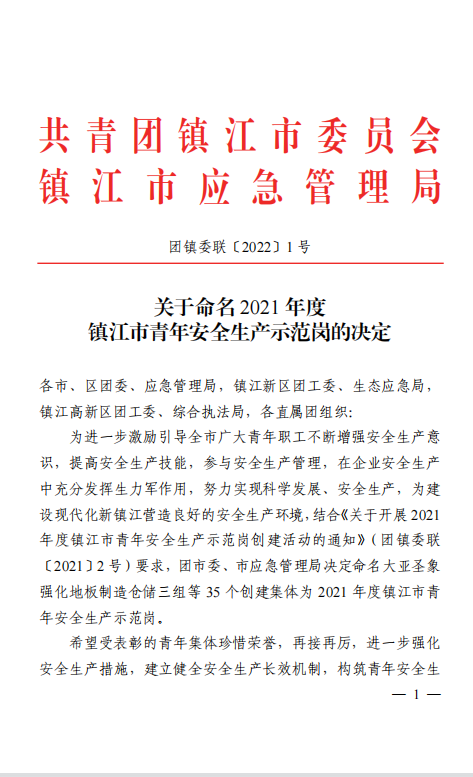 喜报！这个青年集体荣获“2021年度镇江市青年安全生产示范岗”荣誉称号~