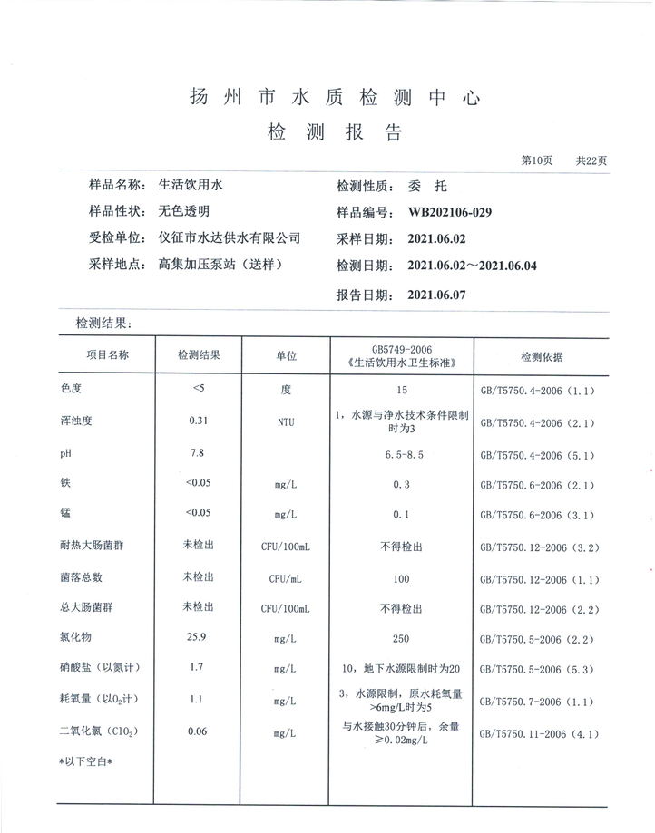 水达公司2021年6月份水质公告【管网水】