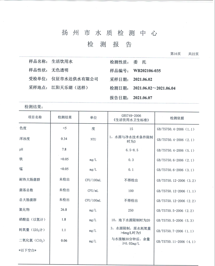 水达公司2021年6月份水质公告【管网水】