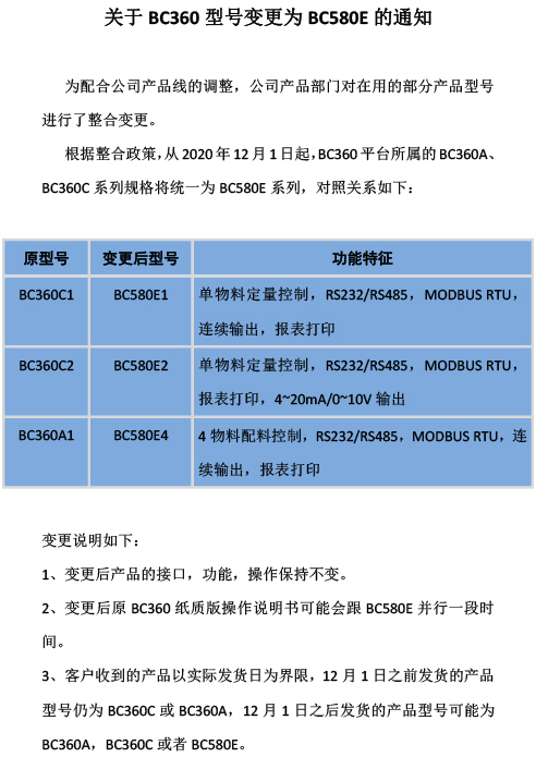 关于 BC360 型号变更为 BC580E 的通知