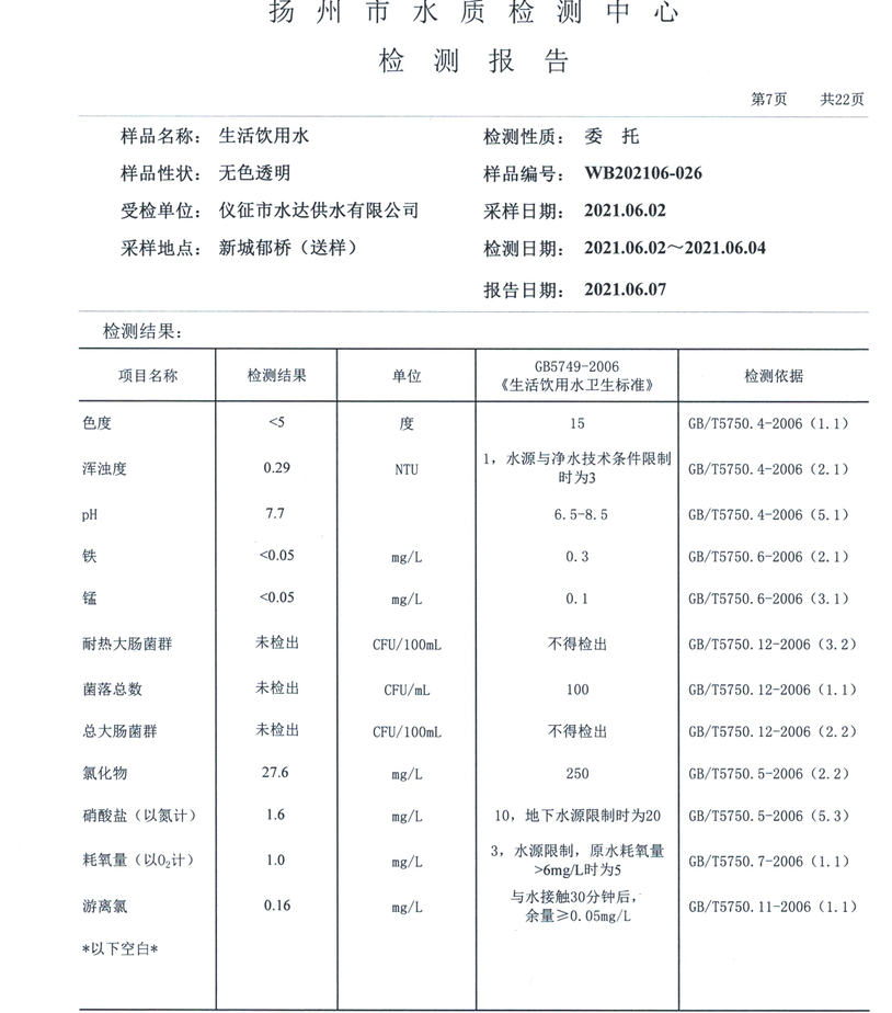 水達公司2021年6月份水質(zhì)公告【管網(wǎng)水】