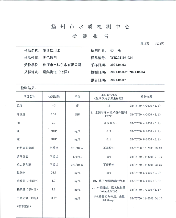 水达公司2021年6月份水质公告【管网水】
