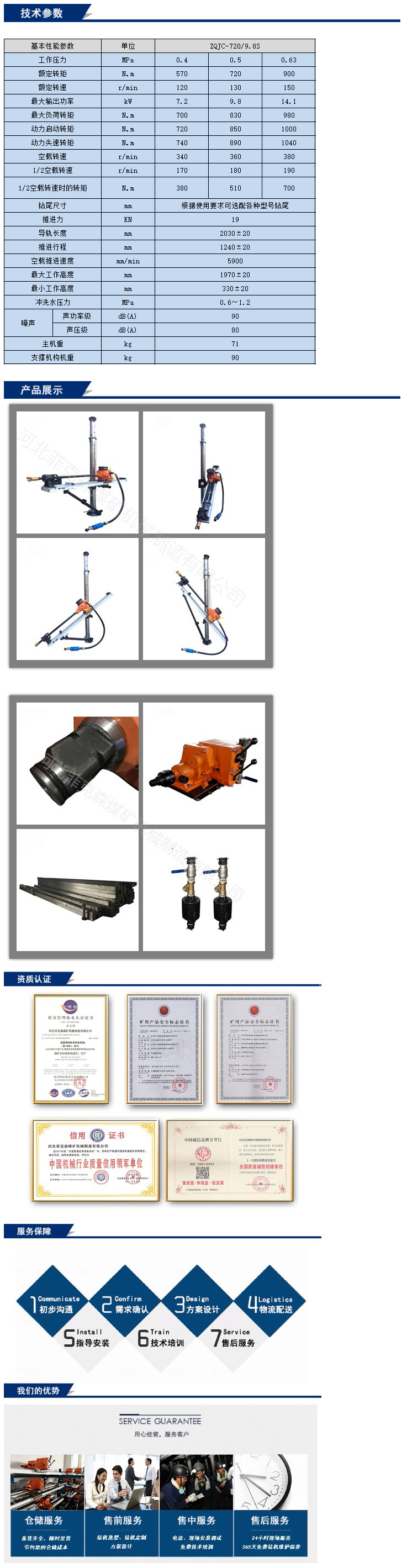 氣動(dòng)架柱式鉆機(jī)ZQJC-720/9.8S