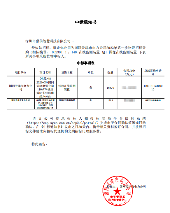 2023.2.20國(guó)網(wǎng)天津市電力公司，采購(gòu)成功中標(biāo)輸電線路監(jiān)測(cè)裝置