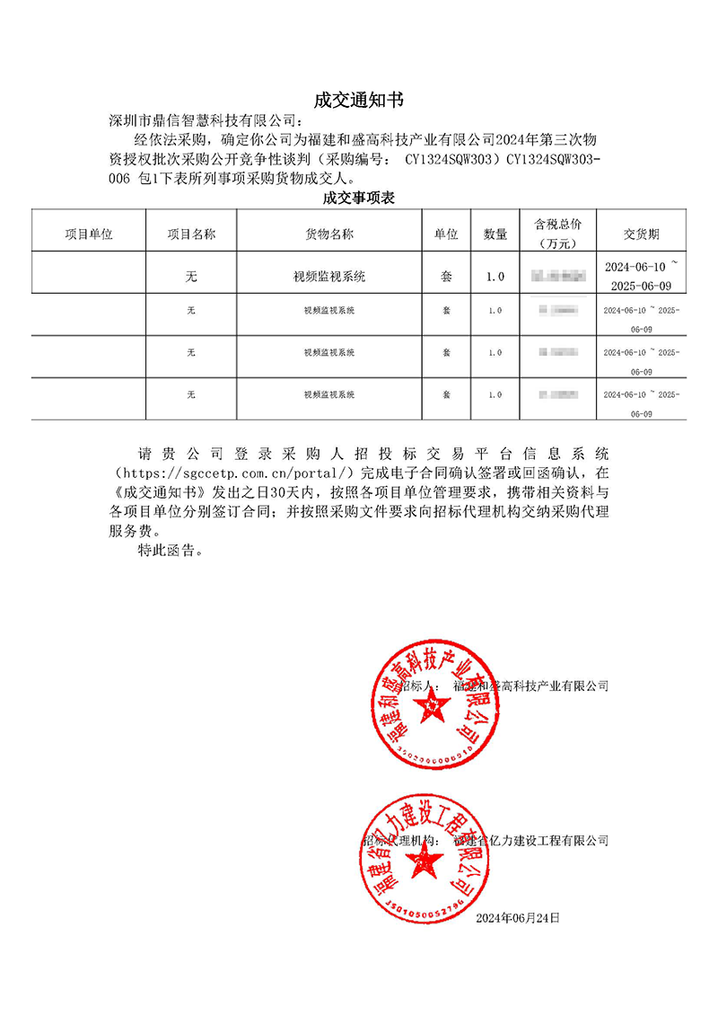 2024年06月24日 成功中標福建和盛高科技產業有限公司采購主設備視頻監視系統