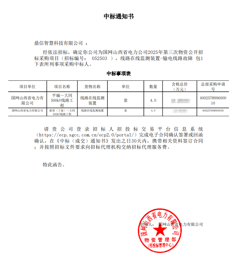 2025年10月11日 成功中標(biāo)國(guó)網(wǎng)山西省電力公司的采購(gòu)項(xiàng)目  線路在線監(jiān)測(cè)裝置（輸電線路故障）