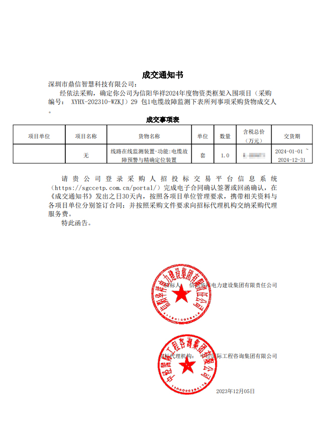 2023年12月05日，成功中標(biāo)信陽華祥電力建設(shè)集團(tuán)有限責(zé)任公司物資供應(yīng)處采購主設(shè)備電纜故障預(yù)警與定位裝置