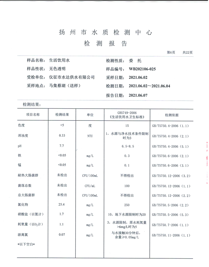 水達(dá)公司2021年6月份水質(zhì)公告【管網(wǎng)水】