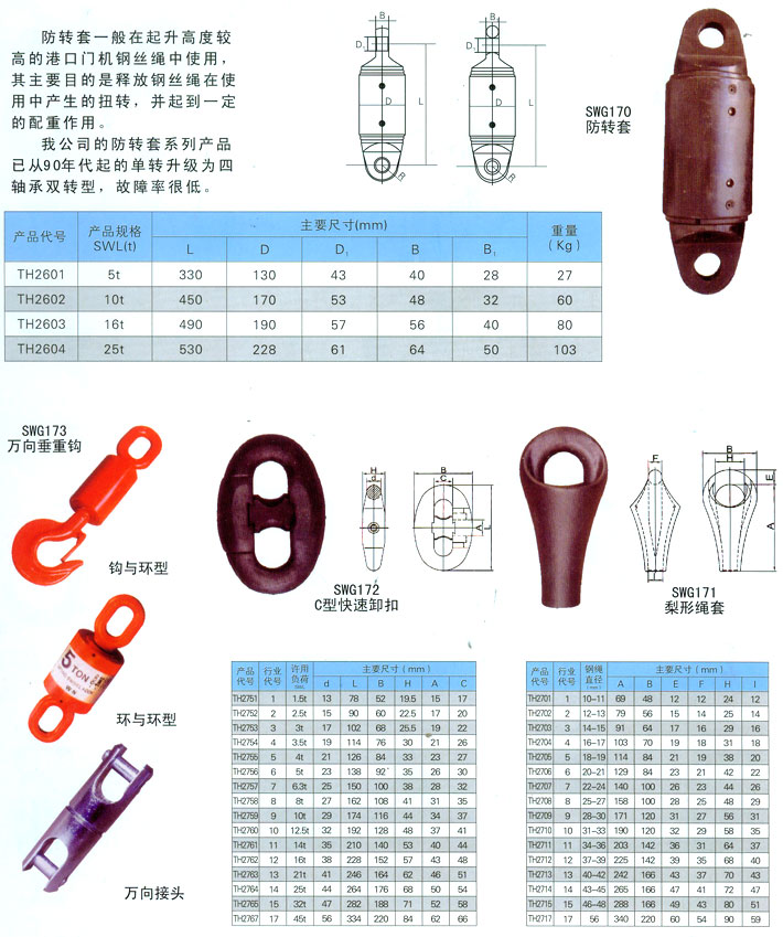 防转套、万向垂重钩、卸扣、绳套