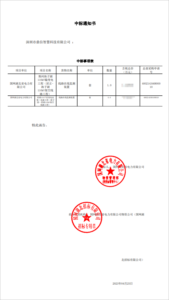 2023年4月25日國網(wǎng)湖北省電力有限公司，采購成功中標線路在線監(jiān)測裝置