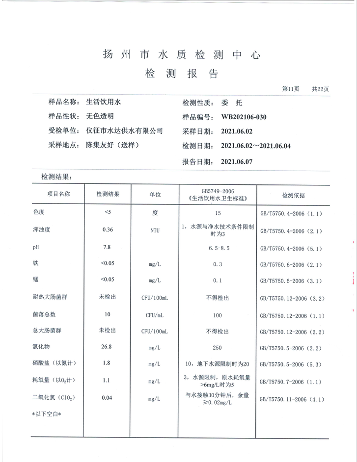 水达公司2021年6月份水质公告【管网水】
