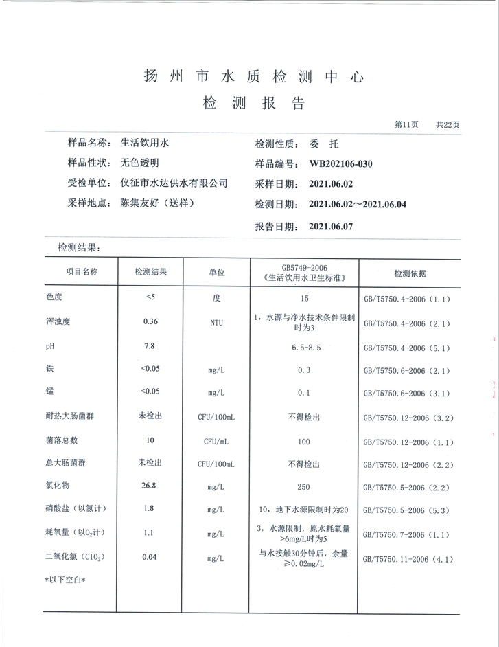 水達公司2021年6月份水質(zhì)公告【管網(wǎng)水】