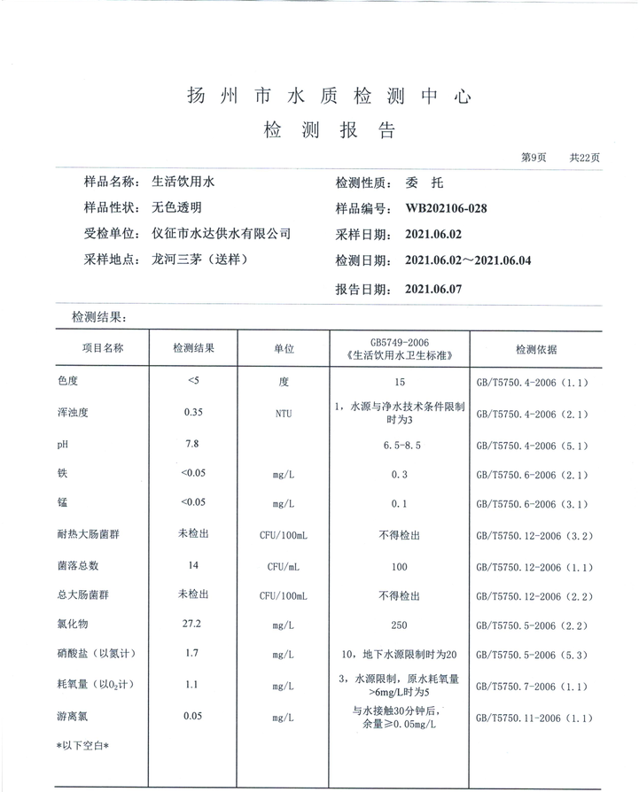 水達(dá)公司2021年6月份水質(zhì)公告【管網(wǎng)水】