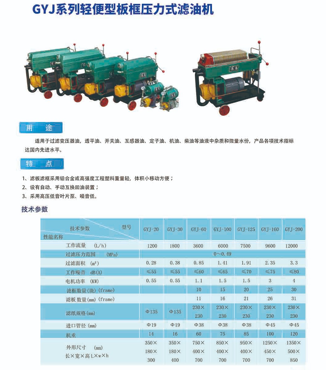 GYJ系列轻便型板框压力式滤油机