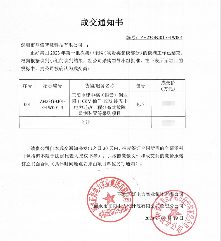成功中標(biāo)正好集團(tuán)2023年批次集中分布式故障監(jiān)測裝置采購物資項目