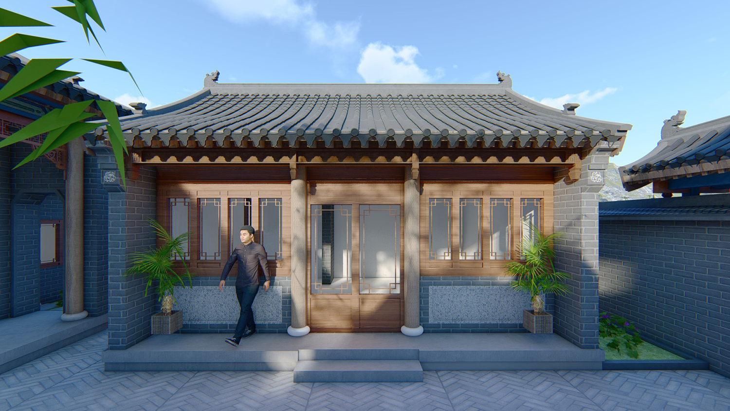 东厢房效果图△正房效果图正房设檐柱,檐柱卡在额枋上,额枋设彩画